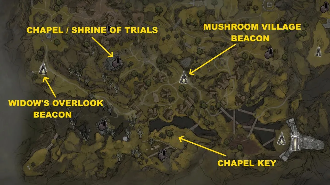Map showing the Mortal Shell 2 Chapel Key southeast of the Mushroom Village Beacon and the Shrine of Trials to the west