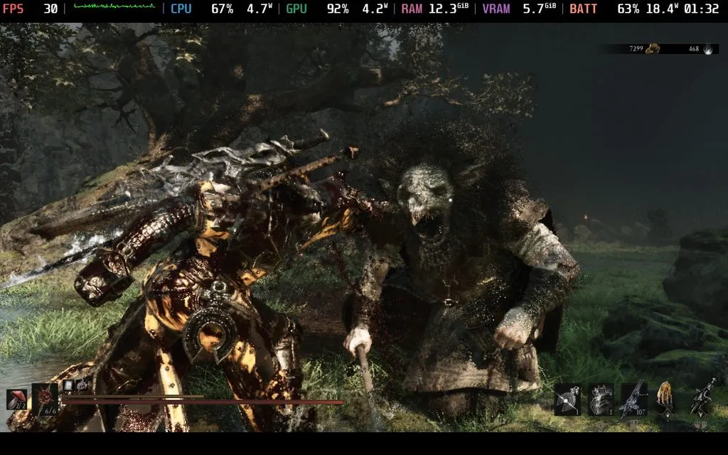 Mortal Shell 2 combat running on Steam Deck with the performance overlay showing 30 FPS